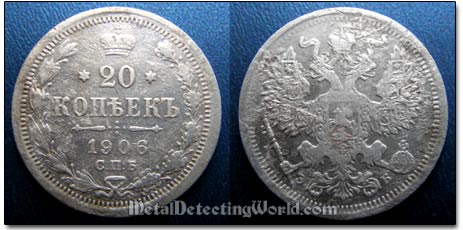 Cleaned 1906 20 Kopeks Tsar Nicholas II