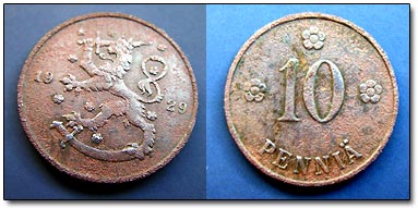 Finnish 1929 10 Pennia Coin