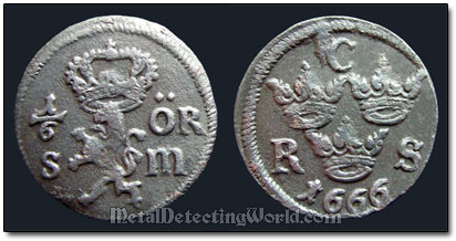 Sweden 1666 1/6 Ore Coin