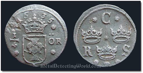 Swedish 1635 1/4 Ore Coin