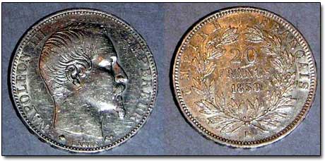 1858 Gold 20 Franks Coin, Napoleon III