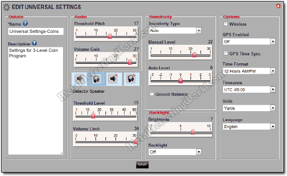 Universal Program Settings for Coins Search Program on Universal Settings Editor Screen in XChange 2