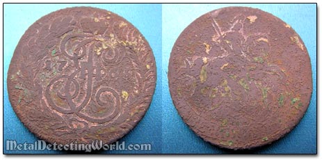 1763 2 Kopeks Coin Damaged by Mineralization