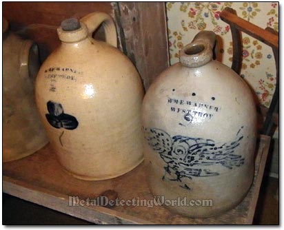 Advertising Glaze Stoneware Cobalt Ovoid Crock Jugs by WME Warner, West Troy, ca. 1841-1856