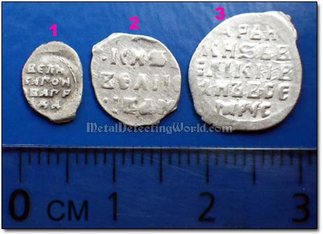 Obverses of Wire Polushka, Denga, and Kopeck Coins