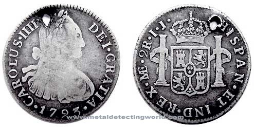 1793 2 Reales Silver Coin, Carolus IV, Portrait Type