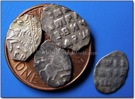 Comparing Size of American One Cent to Sizes of Russian Wire Silver Hammered Coins of Tsar Peter I